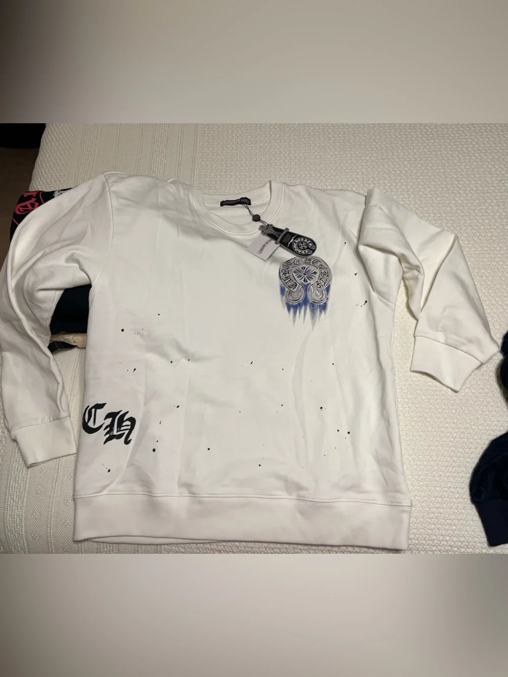 Chrome Hearts White crewneck with Blue Graphic Accents